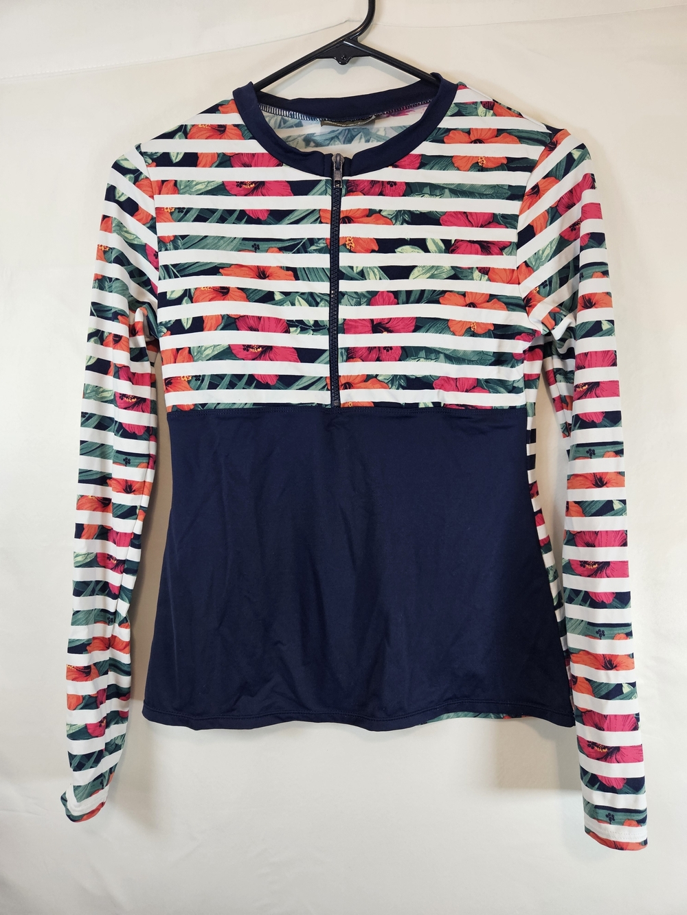 Tommy Bahama Navy Floral Stripe Long-Sleeve Swim Top Vacation Beach